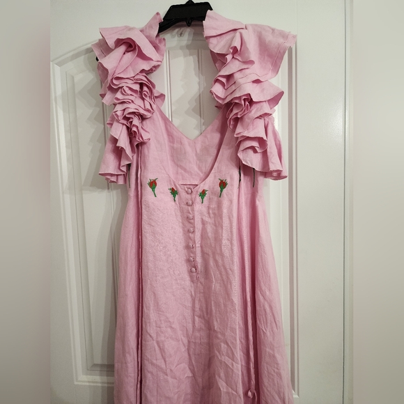 FANM MON Aster Pink DemreLinen Embroidered Maxi DressRuffle Sleeve NWT - Picture 16 of 16